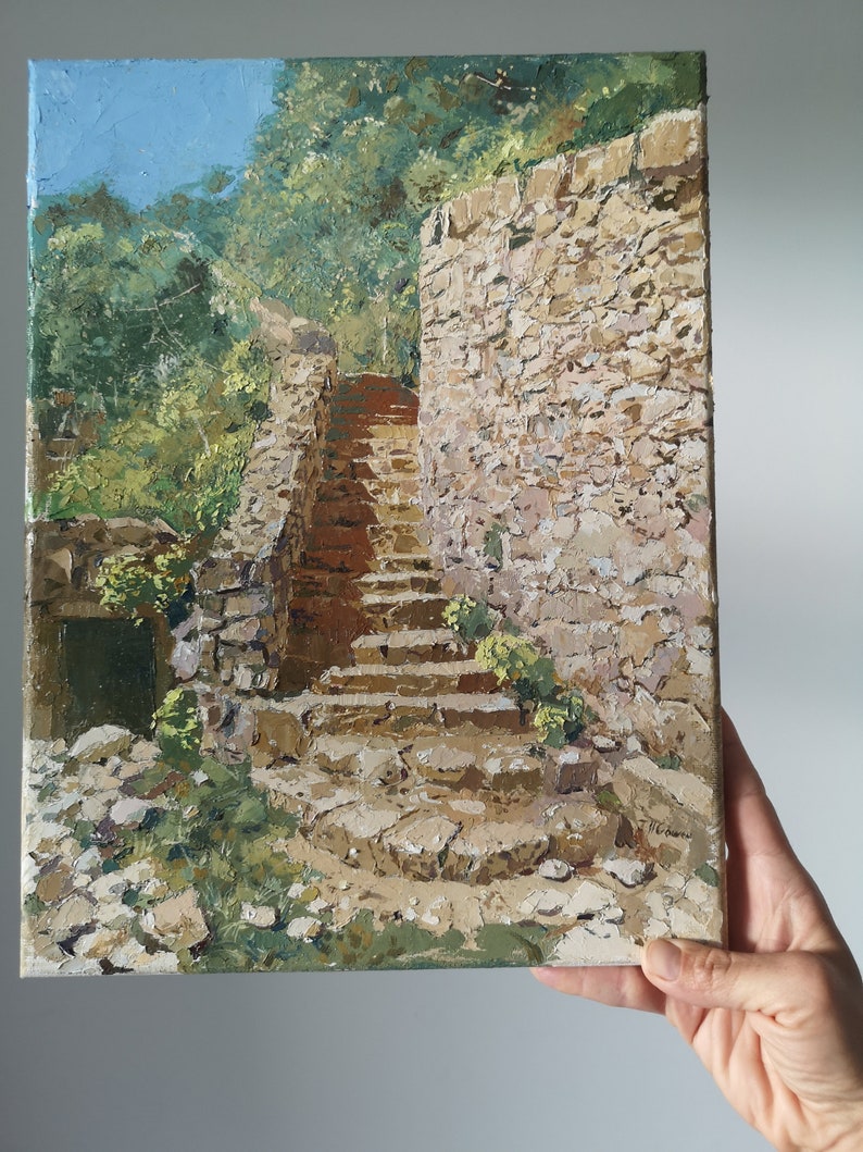 Up the cobbled steps, Tresilian beach, Wales on a sunny afternoon, 12x16 original oil painting on canvas Wall art image 4