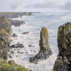 May include: An oil painting depicts a rugged coastline with a dramatic seascape. The artwork features a large rock formation in the ocean, with waves crashing against the shore. The sky is overcast, and the colors are muted, with shades of gray, blue, and green.