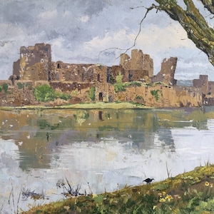 Caerphilly Castle II, onder een zilverachtige hemel, olieverf op doek, muurkunst van 12 x 16 inch