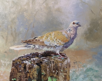 Turtle Dove on a frosty stump, 10 by 8 inches, original oil painting on wood panel, Animal wall art Bird Art