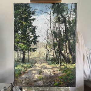 Un camino boscoso a principios de primavera, inspirado en los bosques de Ruperra, Gales del Sur, 12x16 pulgadas, pintura al óleo original sobre lienzo. mural imagen 5