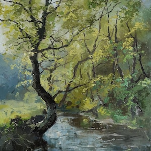 Palette Knife Oil Painting: Morning Light River Landscape, 16x12