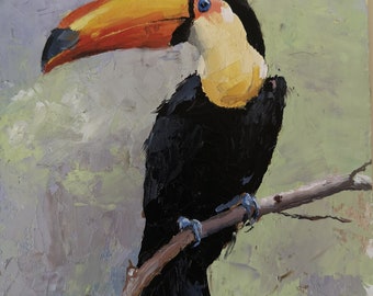 A study of a Toco Toucan 7x5 inch, original oil painting on flat panel. Animal wall art Bird Art