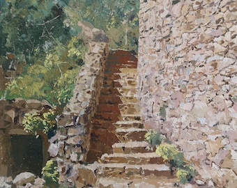 Up the cobbled steps, Tresilian beach, Wales on a sunny afternoon, 12 by 16&quot; original oil painting on canvas Wall art