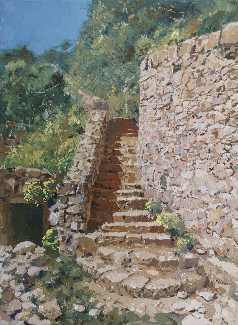 Up the cobbled steps, Tresilian beach, Wales on a sunny afternoon, 12x16 original oil painting on canvas Wall art image 1