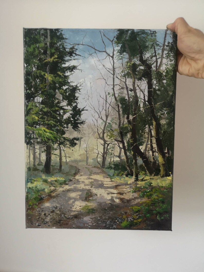 Un camino boscoso a principios de primavera, inspirado en los bosques de Ruperra, Gales del Sur, 12x16 pulgadas, pintura al óleo original sobre lienzo. mural imagen 2