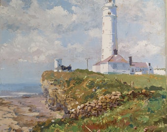 Nash Point Lighthouse, a sunny afternoon, Wales 12 by 16&quot; original oil painting on canvas Wall art