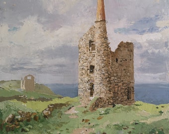 Tin mine, Cornwall, Wheal Owles, Land's End - 10x8 inch original palette knife seascape oil painting on flat panel.