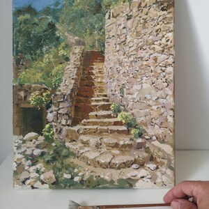 Up the cobbled steps, Tresilian beach, Wales on a sunny afternoon, 12x16 original oil painting on canvas Wall art image 3