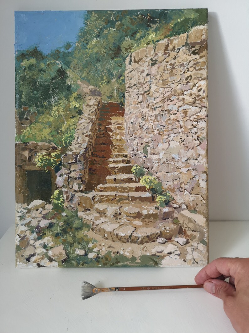 Up the cobbled steps, Tresilian beach, Wales on a sunny afternoon, 12x16 original oil painting on canvas Wall art image 3