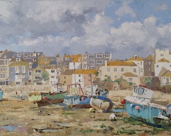 St. Ives beach, Low tide - 30x60 cm oil on canvas using palette knife, Cornwall, architecture, Boats, Coast painting