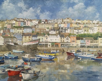 Boats in the harbour Brixham, Devon) 60x42 cm, oil on canvas Wall art