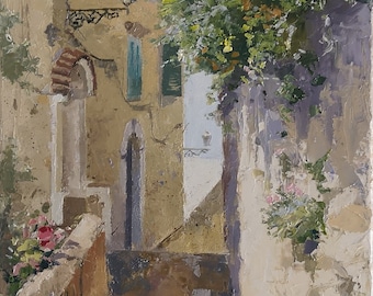 Una calle estrecha en Minori, Italia, sendero del limón, Amalfi, pintura sobre lienzo 60x30 cm