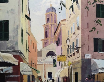 Rapallo - 12x10" original oil painting on canvas - summer/street/busy/shopfronts/landscape/Italy Wall art