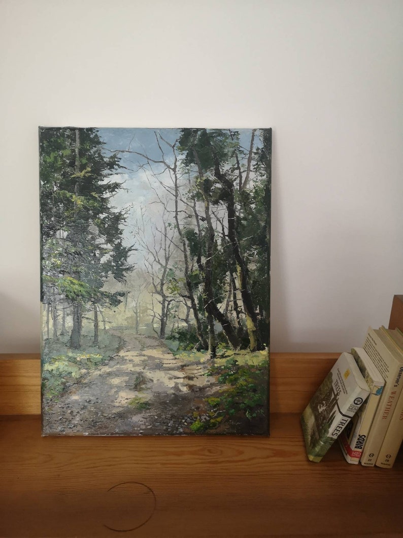 Un camino boscoso a principios de primavera, inspirado en los bosques de Ruperra, Gales del Sur, 12x16 pulgadas, pintura al óleo original sobre lienzo. mural imagen 3