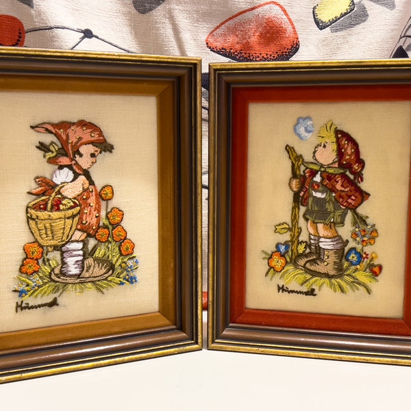 Pair of Vintage Hummel Crewel Embroidery Pieces, Framed and Matted, 1970s