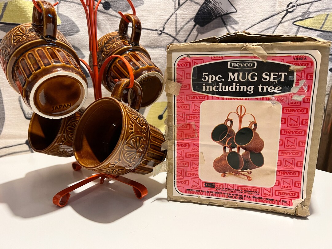 Vintage Nevco 5pc Mug Set & Tree Brown Mugs Orange Metal Etsy