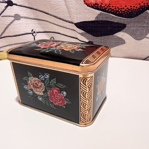 Vintage Tin Trinket Box, Hinged Lid, Arthur Holland Southport England, Cross-stitch Floral Pattern