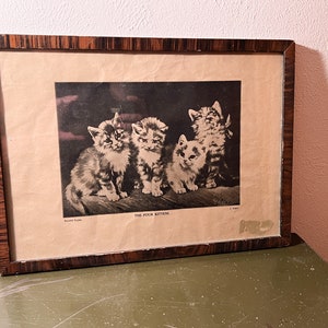 Antique Cat Print "The Four Kittens" in Wood Frame, 1900's, J. Adam