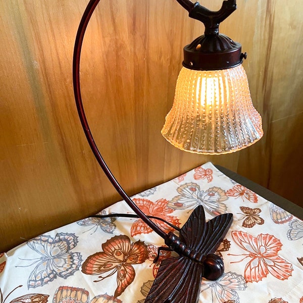 Vintage Dragonfly Gooseneck Table Lamp with Glass Shade
