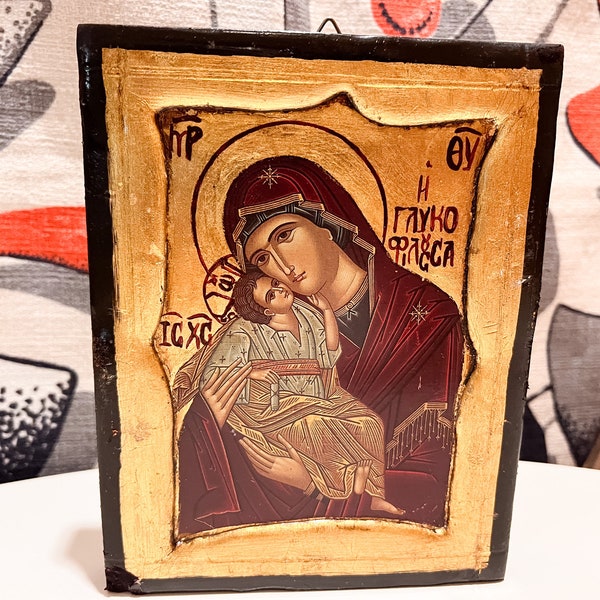 Wood Icon Plaque, Copy of Authentic Byzantine Art, Sheets of Gold, Free Export