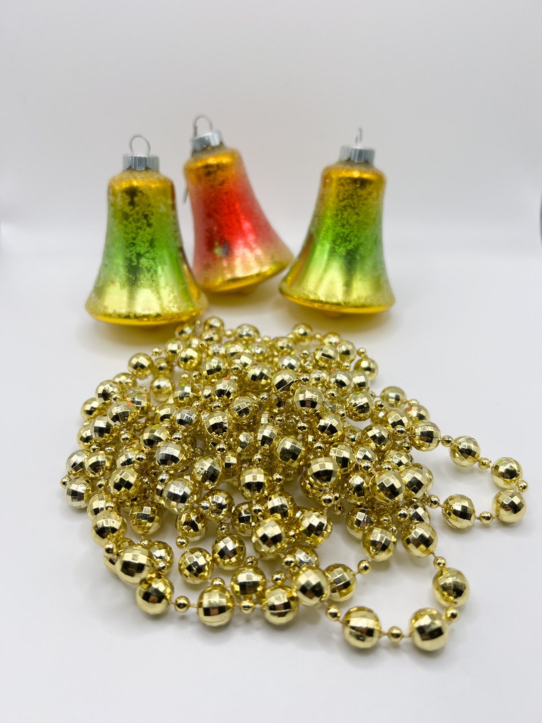 3 Vintage Glass Bell Ornaments and 110 of Gold Garland Etsy