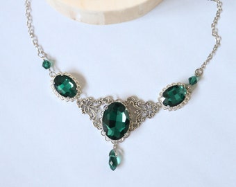 Gothic Victorian Silver tone necklace with Emerald green or Wine red glass stones
