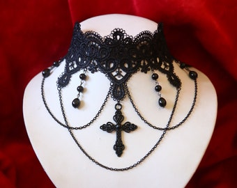 Gothic Victorian Vampire costume Black Lace Cross and Beads Choker