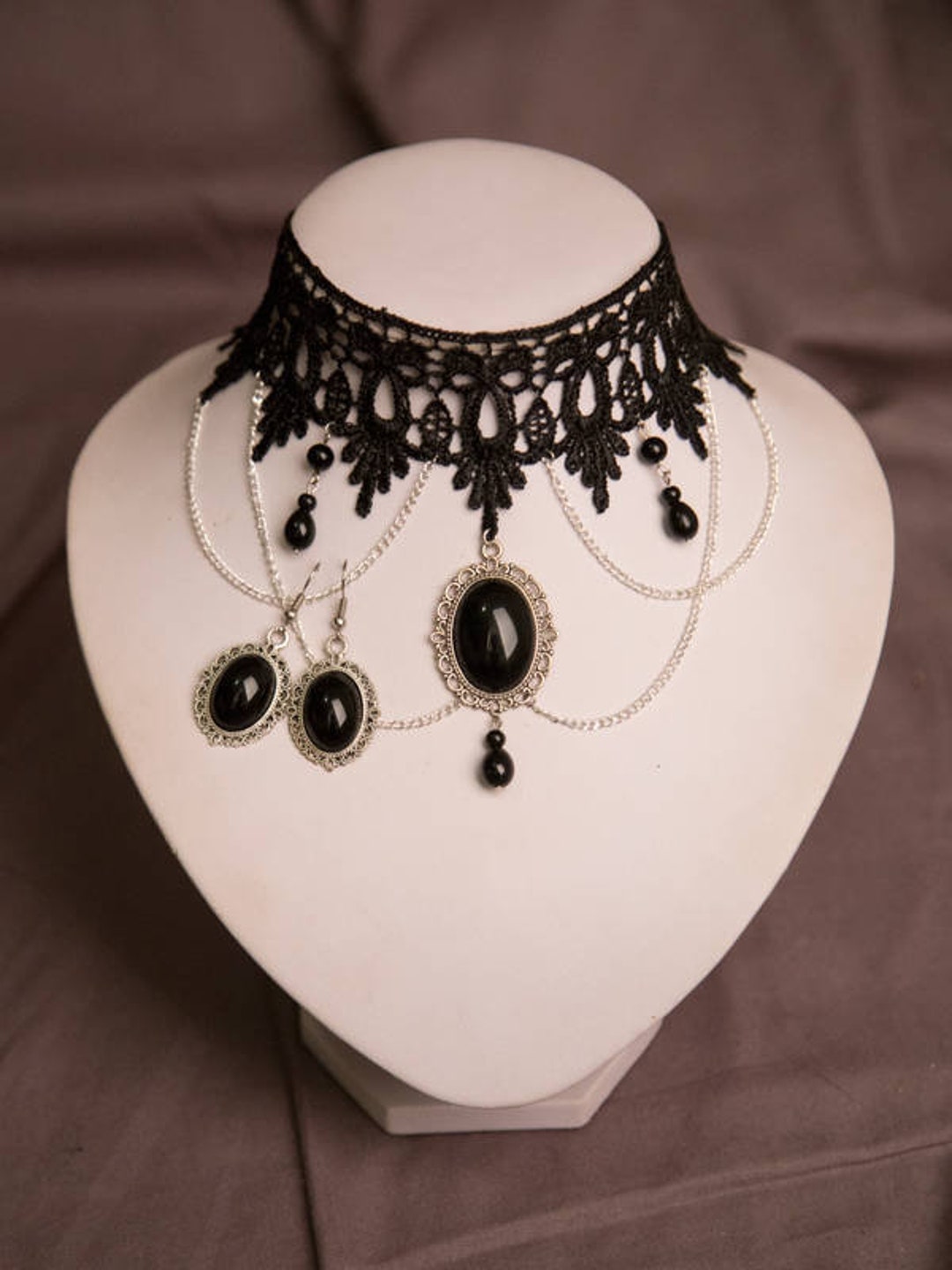 Gothic Victorian Lace Choker and Earrings Set With Black Onyx or ...