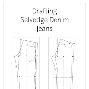 Op de afbeelding: Lijntekeningpatroon voor het ontwerpen van selvedge denim jeans. Het patroon bevat twee weergaven van de voor- en achterkant van de jeans.