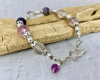 Faceted Fluorite and Sterling Silver Bracelet, Beaded Sterling Silver Bracelet, Gemstone Bracelet, Rainbow Fluorite Bracelet