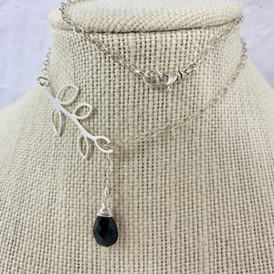 Sterling Silver Lariat, Onyx Teardrop Necklace, Deep Rich AAA-Grade Black Onyx, Wire Wrapped Olive Branch Choker, July Birthstone Gift
