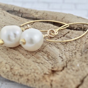 Large Baroque Pearl Earrings on Gold Filled Wires, White Pearl Dangle Earrings, Lustrous Pearls on Gold Marquise Ear Wires