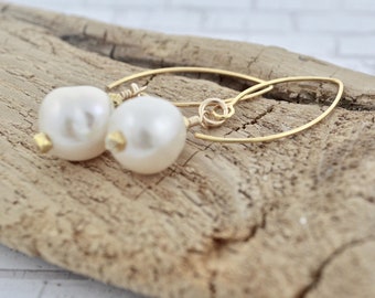 Large Baroque Pearl Dangle Earrings: Lustrous Genuine Pearls on Gold Filled Marquise Wires
