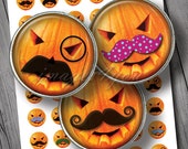 Mustache Pumpkin 1" bottlecap images Halloween Digital Collage Sheet, 1 inch round download cabochon 30mm 25mm 1.25" 1.5" printable circles