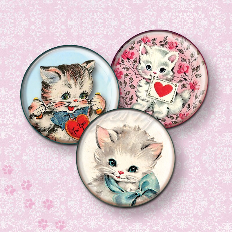 Retro Kittens & Cats 1" bottle cap images 1 inch circle Digital …