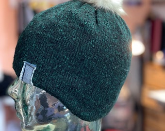 READY to go" Winter toque with ear, adult, recycled fur pompom, teal green