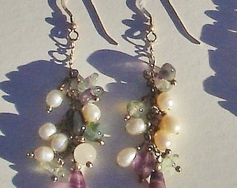 Sterling silver wire wrap earrings pearl, fluorite, moonstone, amethyst, moss agate, black lip shell earrings with tear drop fluorite