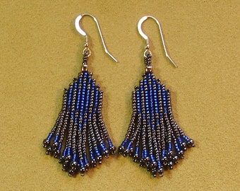 Cobalt sparkle and hemetite double fringed earrings with sterling silver fish hook ear wires