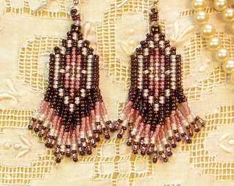 Dark green, pink and white double fringed earrings