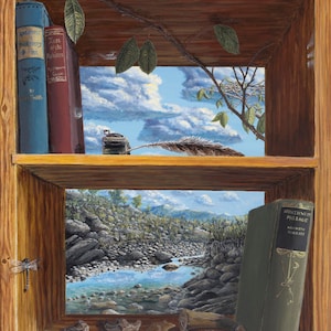 Bookcase-Northwest Passage 11x14 Signed Gilcee Fine Art Print by Susan J Schneider, cabinhillgallery.com image 1