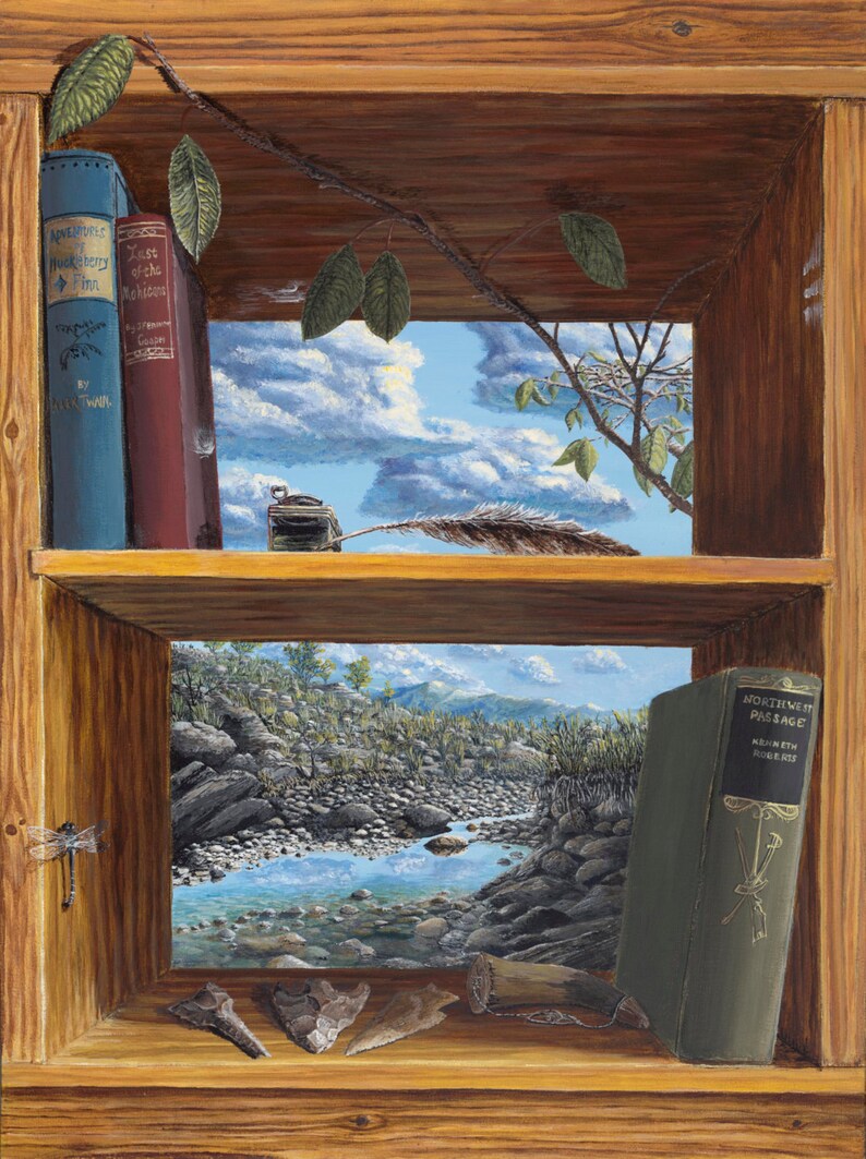 Bookcase-Northwest Passage 11x14 Signed Gilcee Fine Art Print by Susan J Schneider, cabinhillgallery.com image 1