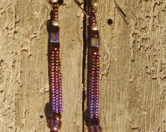 Shaded bronze and blue, sterling silver, woven seed bead earrings with Miyuki cubes