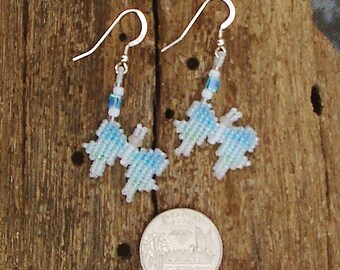 Seed bead woven ombre shaded blue and white butterfly earrings with sterling silver ear wires double woven with natural snow quartz