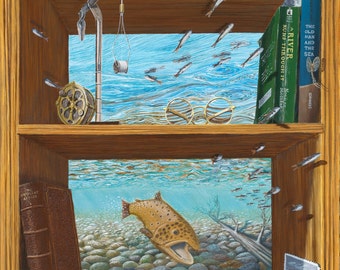 Bookcase-A River Runs Through It" 11"x14" Signed Gilcee Fine Art Print by Susan J Schneider, cabinhillgallery.com