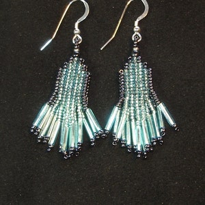 Hematite and Pale Blue Silver-lined double fringed earrings