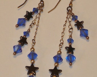 Blue Swarovski Crystal, Sterling silver and Hematite Star Earrings with sterling silver chains and beads