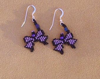 Purple and black 3-D Miyuki seed bead woven butterfly earrings with sterling silver fish hook ear wires free shipping