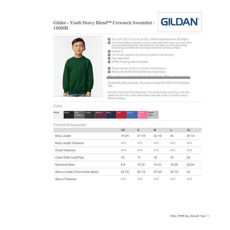 May include: A Gildan 18000B youth heavy blend crewneck sweatshirt in forest green. The product specification sheet includes a colour palette, a table of finished measurements in inches, and technical details regarding the 50/50 cotton/polyester fabric.