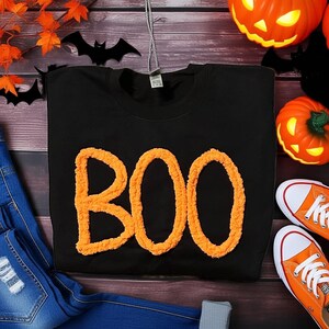 Chenille BOO Halloween Sweatshirt: Embroidered Holiday Spirit